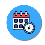 Illustration de la catégorie Prise de RDV - rond bleu sur lequel on retrouve une icône d'agenda et d'horloge