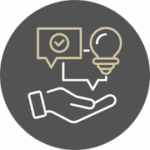 Illustration de la catégorie conseils - rond gris foncé sur lequel on aperçoit une main tendu au-dessus de laquelle se trouvent des icones d'informations