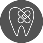 Illustration de la catégorie soins - rond gris foncé sur lequel est aposé une dent dessinée de couleur blanche où se trouve un pansement croisé